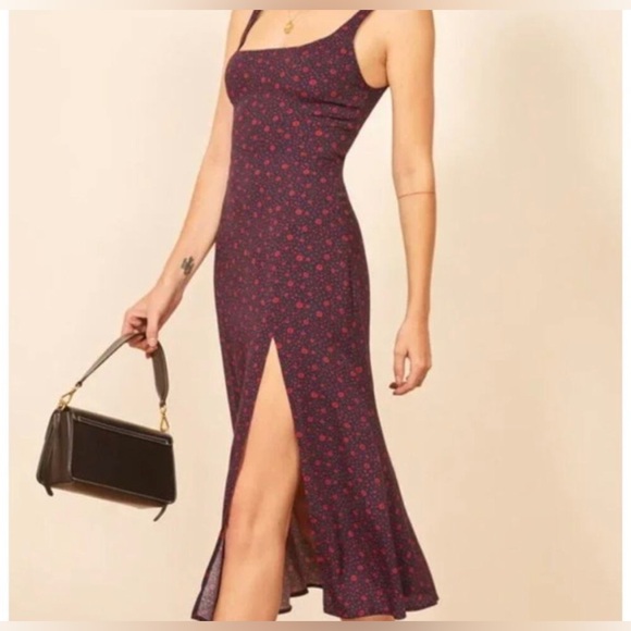 Reformation Gilmore Dress Navy Blue Ditsy Red Floral Print Womens Size 4 EUC - Picture 1 of 7